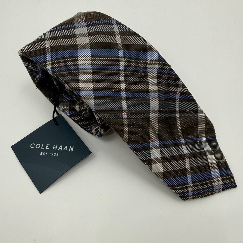Cole Haan Tie Men’s brown blue plaid 100% silk textured Tweed Menswear Office - Picture 11 of 11